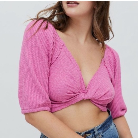 Urban Outfitters Lena Twist-Front Top Medium Pink Ribbed Cropped - Picture 1 of 7